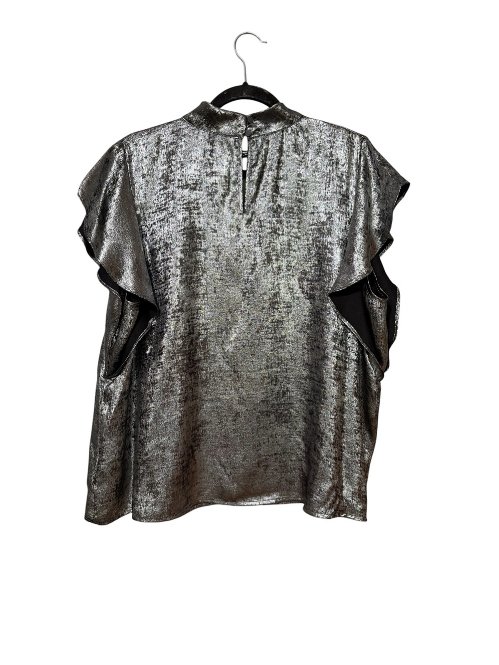 Worthington Metallic Flutter Sleeve Blouse Silver Foil Keyhole 1X NWOT - Picture 2 of 5